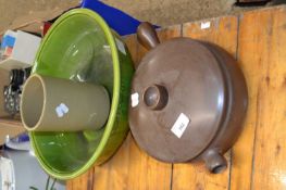 Large green glazed wash jug, a further brown glazed serving dish and a further kitchen utensils