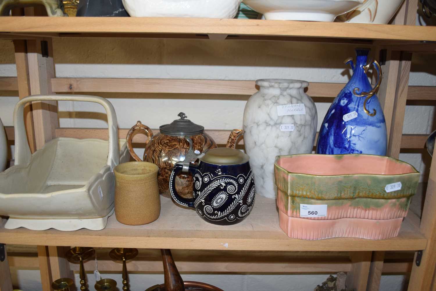 An Italian white marble vase together with a Brentleigh ware ceramic basket and other items