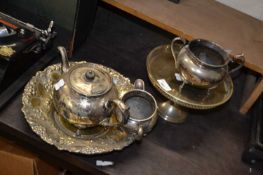Quantity of white metal wares to include three piece tea set, tazza and a moulded dish (5)