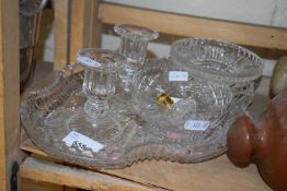 Pressed glass dressing table set, scent bottle and glass dish
