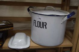 A vintage enamel flour bin together with a small enamelled dish