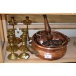 Quantity of assorted metal wares to include two pairs of dwarf brass candlesticks, another pair, a