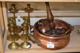 Quantity of assorted metal wares to include two pairs of dwarf brass candlesticks, another pair, a