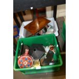 Two boxes of assorted items to include brass carriage clocks, lantern, ceramics etc