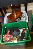 Two boxes of assorted items to include brass carriage clocks, lantern, ceramics etc