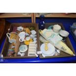 Two trays of assorted items to include blue glass bottle etc