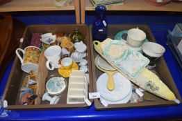 Two trays of assorted items to include blue glass bottle etc