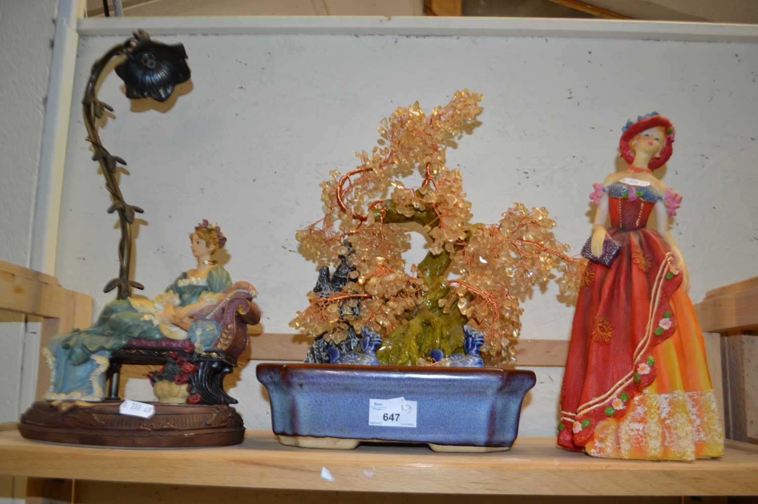 Gemstone and copper bonsai style tree together with a resin figural lamp and a figure of a lady (3)