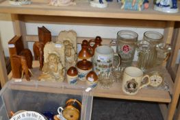 Mixed Lot: Elephant book ends, steins, glass candlesticks etc