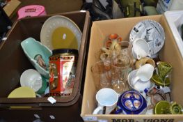 Two boxes of assorted items to include glass ware, pair of Sylvac candlesticks, Wade tortoise,