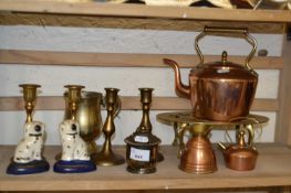 Quantity of metal wares to include copper kettle, trivet, dwarf candlesticks and a pair of small