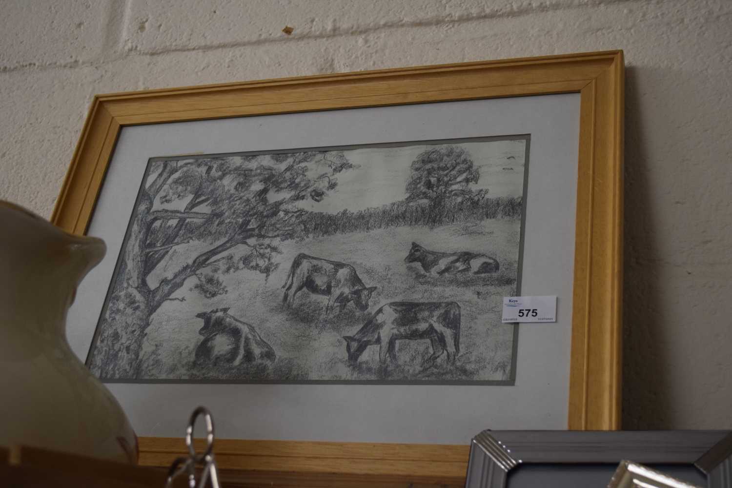 Pencil sketch of cows in a field, framed and glazed