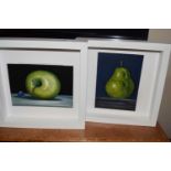 A pair of contemporary still lives of fruit in white box frames (2)