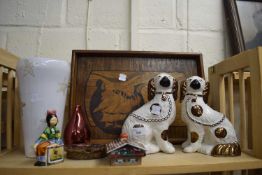 Pair of Staffordshire dogs together with wooden tray, vases etc