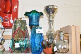 Mixed Lot: Silvered glass candlestick, scent bottle, glass vases etc