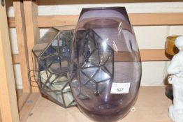 A mauve contemporary glass vase together with an octagonal mirrored back terrarium