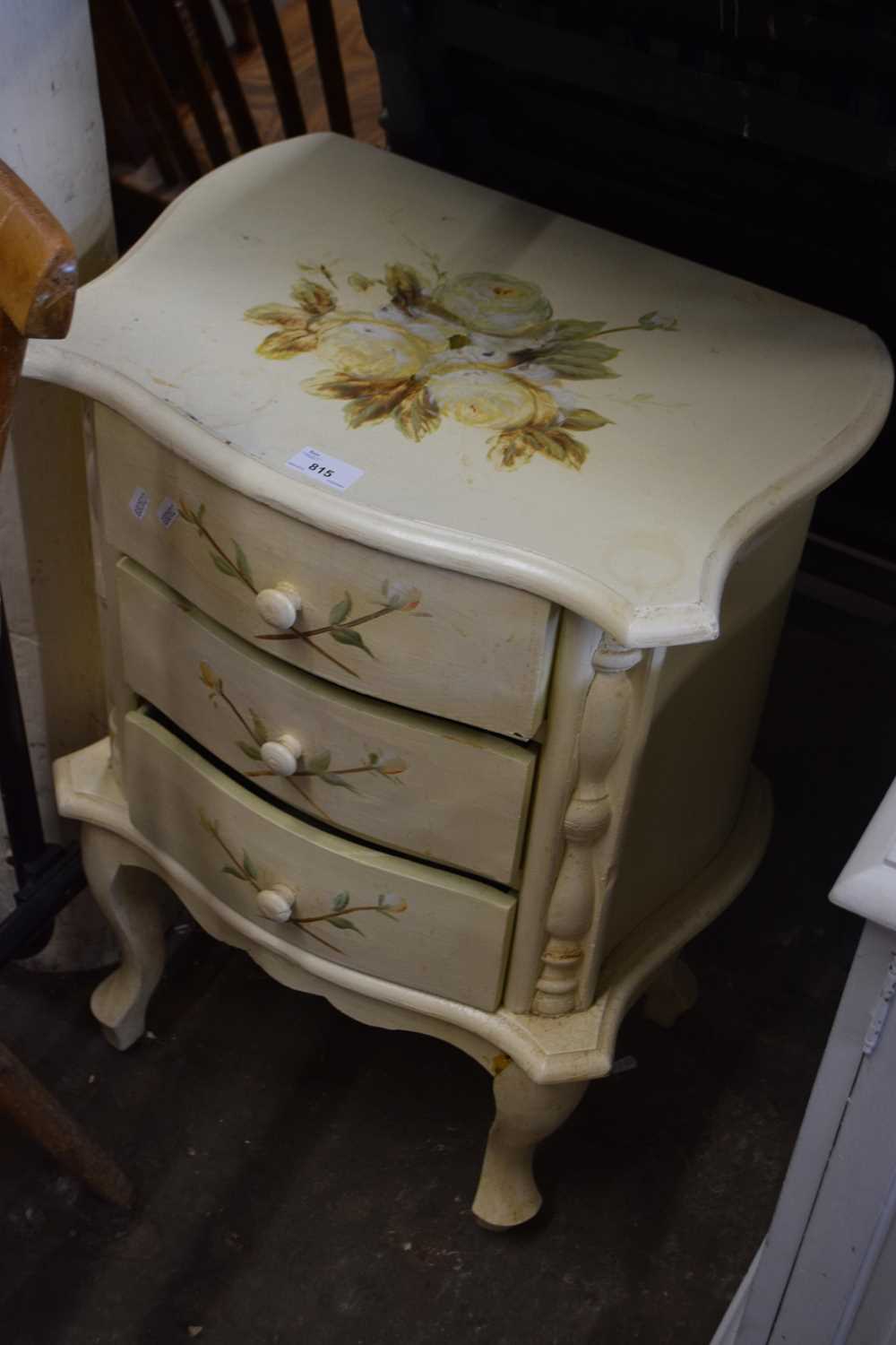 Cream and floral painted three drawer bedside cabinet