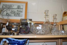 Mixed Lot: Two decanters, glass bowl, picture frames, metal wares etc