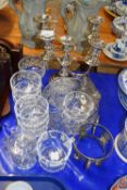Mixed Lot: Various glass sundae dishes, glass bowl, silver plated candelabra, ashtray etc