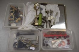 Mixed Lot: A hallmarked silver table spoon, various sugar nips, assorted novelty spoons, bottle