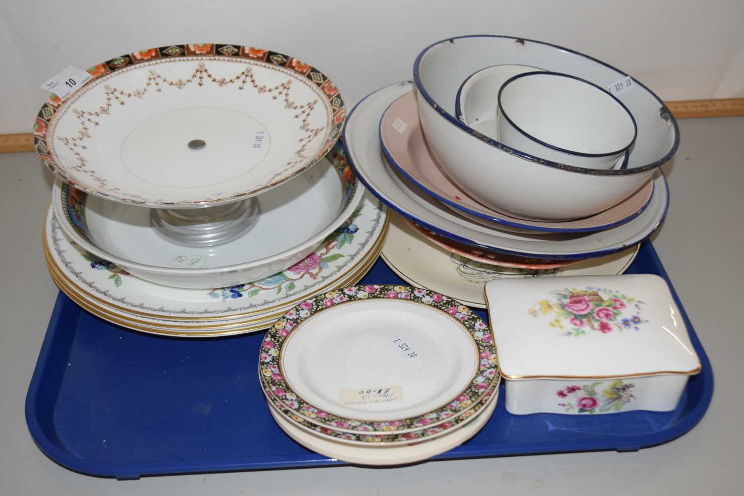 Tray of various assorted ceramics, assorted vintage enamel wares etc
