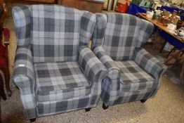 Pair of grey tartan upholstered armchairs