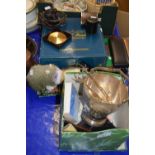 Mixed Lot: Various boxed games, silver plated ice bucket, silver plated cigarette case, small hip