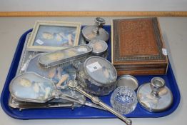 A vintage dressing table set, a carved Indian box and other assorted items