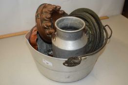 An aluminium preserve pan, various jelly moulds etc