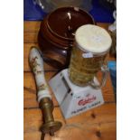 Mixed Lot: Ceramic beer tap, a Carlsberg bar advertising pint glass and a further stone ware pot (