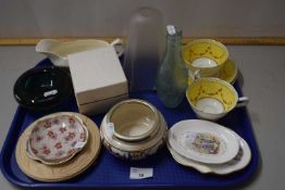 A tray of mixed wares to include glass lightshade, assorted tea wares etc