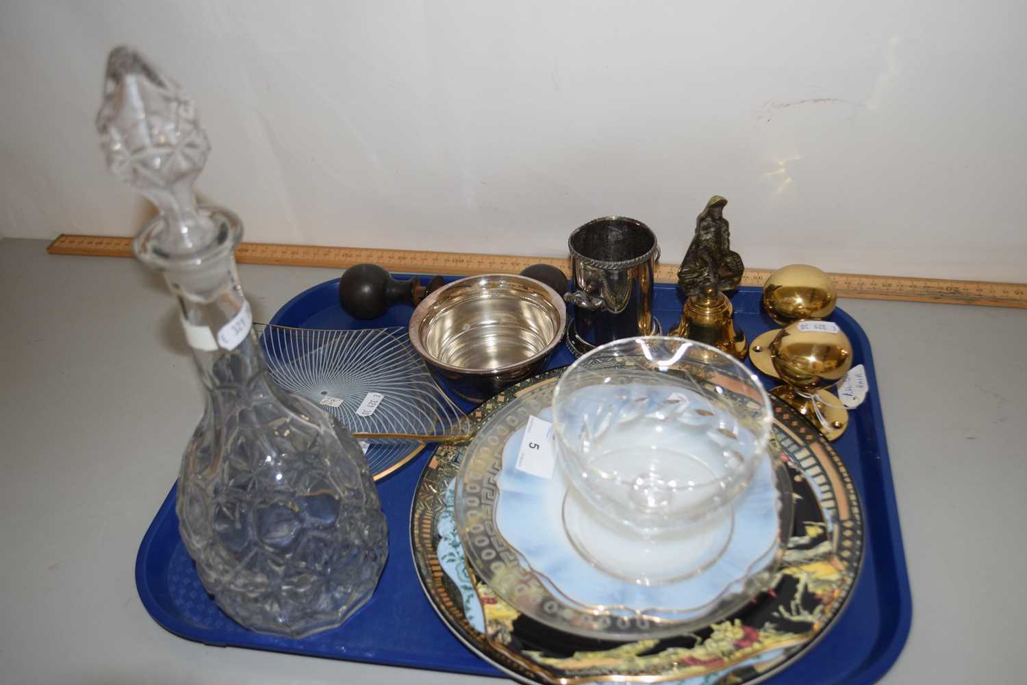 Tray of mixed items to include various decorated plates, decanter and other assorted items