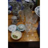 Mixed Lot: Modern drinking glasses, a pair of 19th Century whippet handled jugs, a Palestine pottery