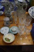 Mixed Lot: Modern drinking glasses, a pair of 19th Century whippet handled jugs, a Palestine pottery