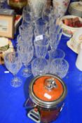 Quantity of various drinking glasses and an equestrian themed biscuit barrel