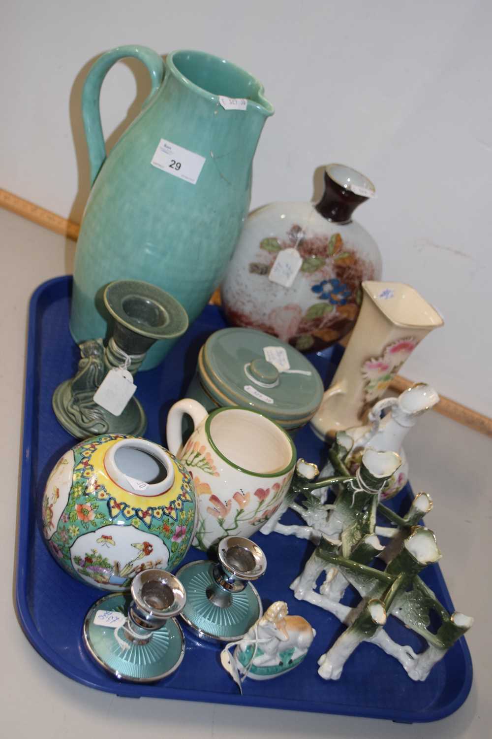 A tray of mixed wares to include small ginger jar, various vases, stem vases etc
