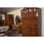 Early 20th century Burr Walnut veneered bedroom suite, two door wardrobe, three door wardrobe,