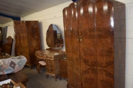 Early 20th century Burr Walnut veneered bedroom suite, two door wardrobe, three door wardrobe,