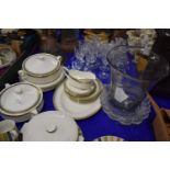 Mixed Lot: Large glass vase, gilt rimmed dinner wares etc