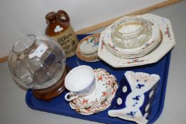 A tray of various mixed tea wares, Scrumpy Jack flagon and other assorted items