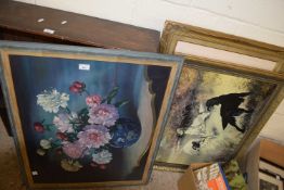 Mixed lot, large still life study of flowers, further study of spaniels and a further study of sheep