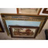 Mixed lot, early 20th century oil on canvass riverside scene plus various prints and an oval