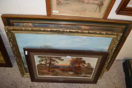 Mixed lot, early 20th century oil on canvass riverside scene plus various prints and an oval