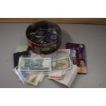Tin of various commemorative crowns, assorted coinage and a quantity of mainly modern World bank