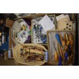 Box of various mixed sewing and craft supplies together with a quantity of various tea cards and