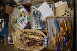 Box of various mixed sewing and craft supplies together with a quantity of various tea cards and