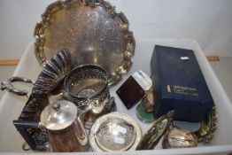 A tray of various assorted silver plated wares, a boxed Whitefriars wine glass, framed miniature