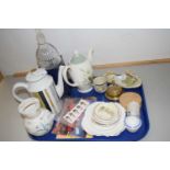 A tray of mixed items to include coffee pots, brass table bell etc