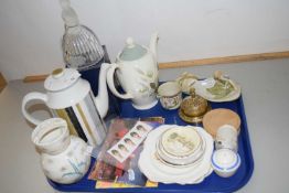 A tray of mixed items to include coffee pots, brass table bell etc