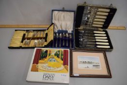 Mixed various cased cutlery framed print etc